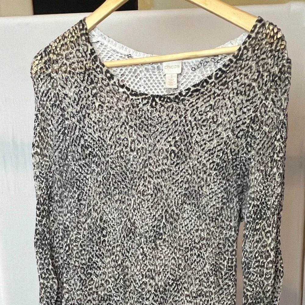 Chico's Loose Knit Leopard‎ Print Hi-Lo Tunic Top SZ 1 (M) Travel Beach Spring